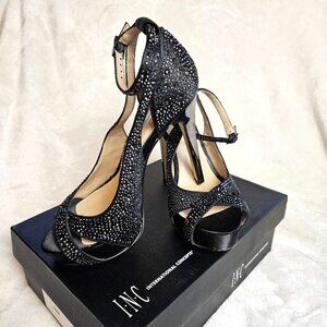 INC Black Rhinestone Embellished Platform Heels With Ankle Strap & Stiletto  Siz